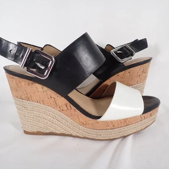 Antonio Melani Woman's 9M Leather Black and White Cork/Jute Wedge sandals - Picture 2 of 9